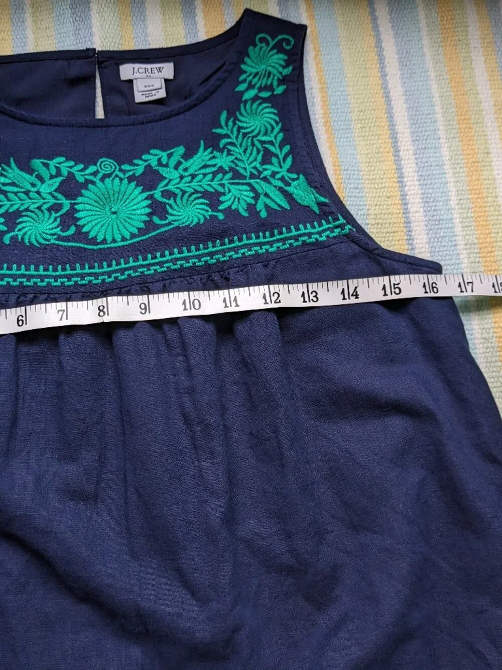 ⭐ J. Crew Navy & Green embroidered Linen-blend tank shift dress XXS